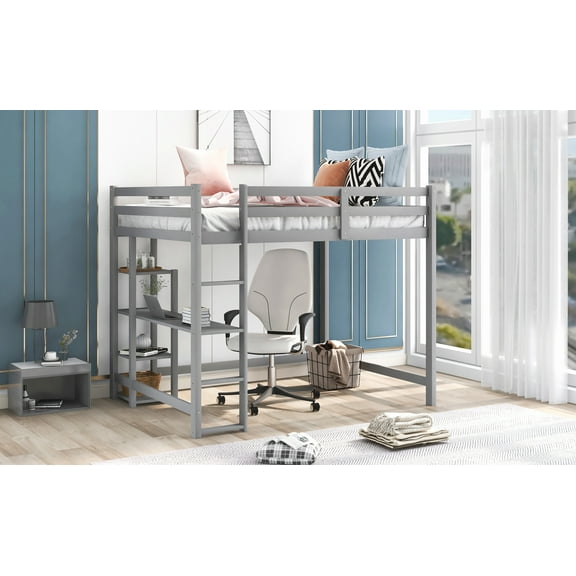 Cosymart Full Size Loft Bed with Built-in Desk and Shelves,Gray