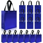 Stylish Glossy Blue Gift Bags | 18 pcs Reusable Goodie Bags Bulk | Sturdy Base | 7.9x3.9x9.8 In | Non-woven | Sustainable Choices