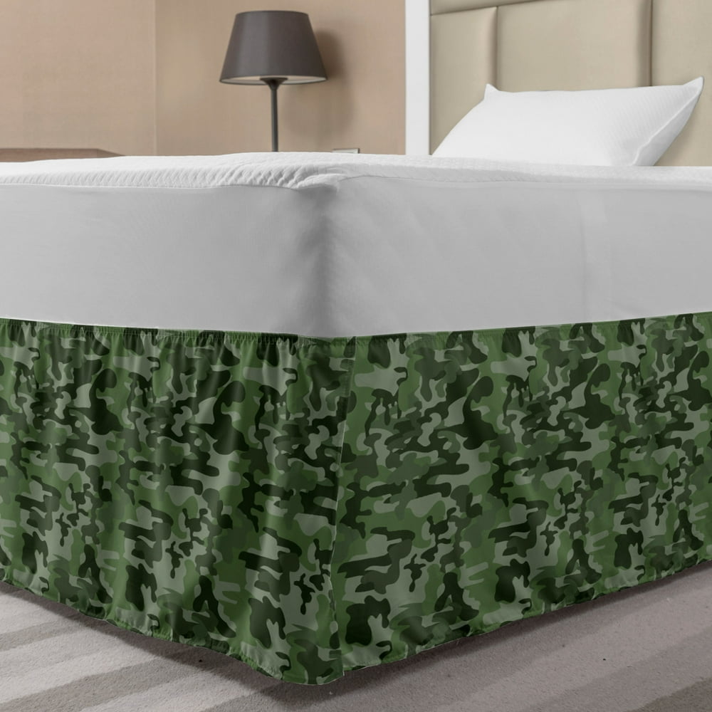 Forest Green Bed Skirt, Abstract Pattern in Green Shades Camouflage