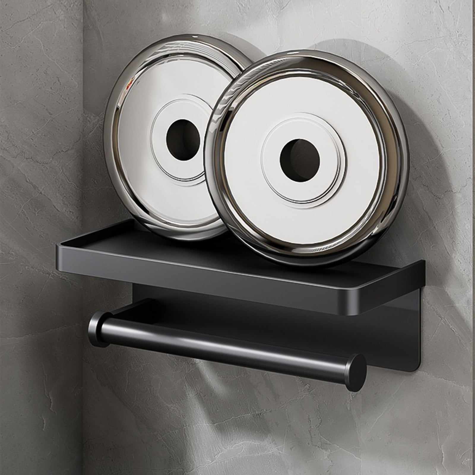 Paper Towel Holder Wall Mounted for Kitchen 11", Bathroom Tissue Roll Hanger with Storage Shelf, Adhesive Hand Towel Holder, Matte Black