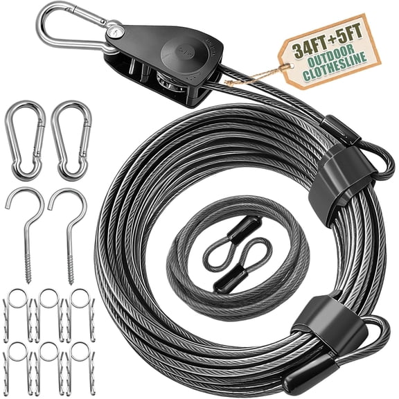Outdoor Retractable Clothesline, 3/16" 34ft 5ft Heavy Duty Coated Steel Wire Rope Clothes Line with Windproof Clamps, Portable Drying Line for Travel, Camping, Laundry, and Use