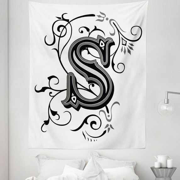 Letter S Tapestry, Monochrome Letter from Alphabet S Abstract Design Swirls and Other Shapes, Fabric Wall Hanging Decor for Bedroom Living Room Dorm, 5 Sizes, Black Grey White, by Ambesonne