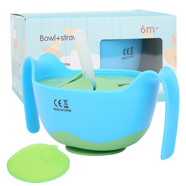 Cuencos para bebés 3 en 1, mordedor infantil multifuncional de silicona, cuenco de paja para entrenamiento de alimentación, cuenco azul de 480ML