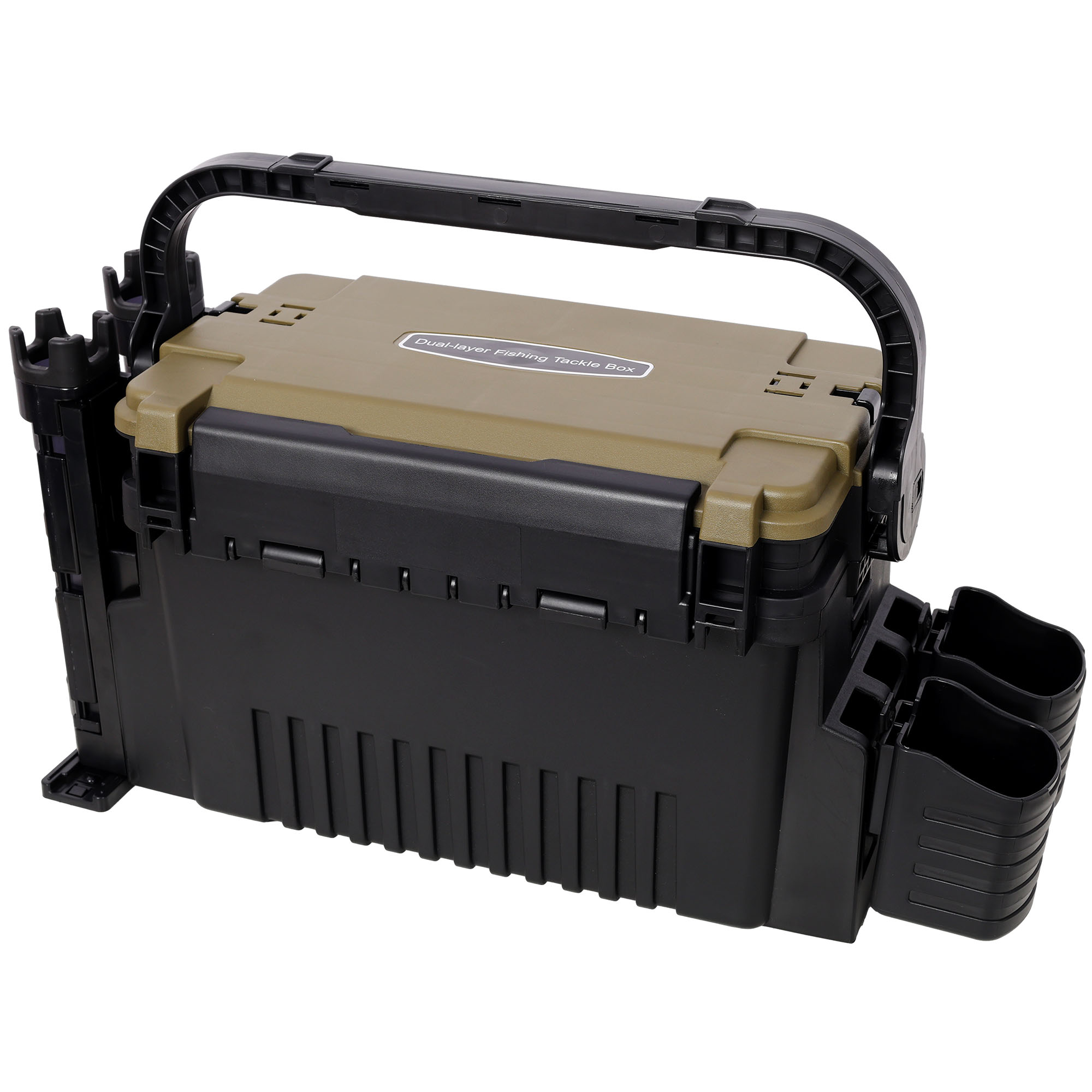 Dual-layer Fishing Tackle Box,Tackle Box Organizer Fishing Box Large,With 2pcs Rod Holder,2pcs Cup Holder,1pc Carring Strap, Green