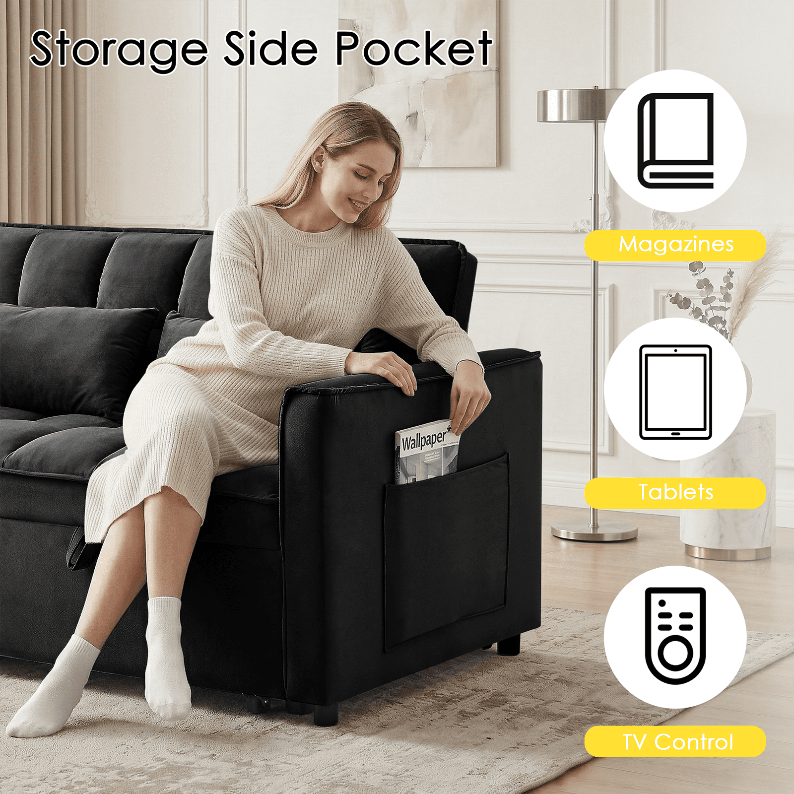 Amuille 3 in 1 Convertible Sleeper Sofa Bed, 54" Velvet Fabric Loveseat, Pull Out Couch for Living Room and Apartment (Black)