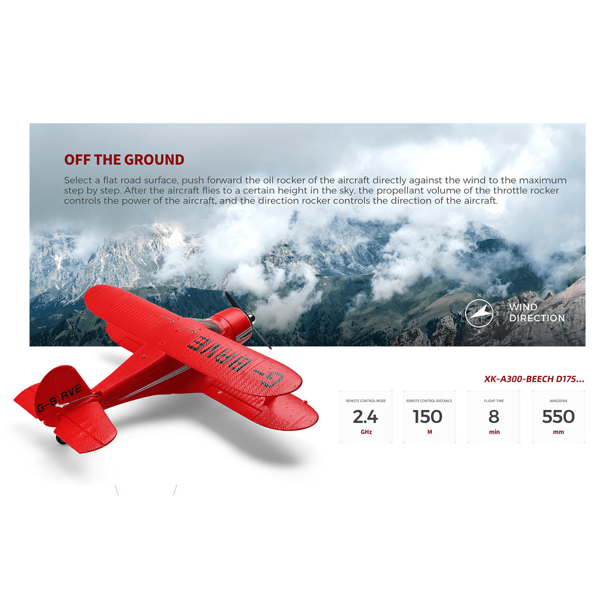 XK A300 Beech D17S Biplane RC Airplane for Adults, 3D/6G Gyro 2.4GHz 4CH Brushless Motor 550mm Wingspan EPP Foam Fixed Wing RTF Remote Control Aircraft with LED Lights Quick Release (Red)