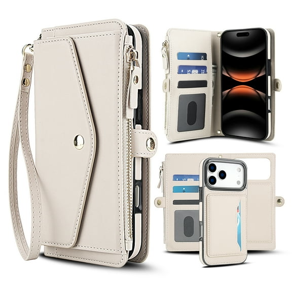 Decase 2-in-1 Detachable Magnetic Wallet Case Compatible with iPhone 17 Pro Max, Shockproof PU Leather Flip Cover with Card Slots, Cash Pocket, Zipper Purse, Crossbody Strap, RFID Blocking,White
