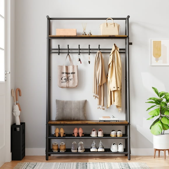 COZONY Coat Rack with Shoe Bench, 4-in-1 Hall Tree W/ 5 Hooks, Entryway Bench with Coat Rack, Sturdy Steel Frame, Versatile Furniture for Bedroom, Living Room, Apartment, 39.4"W,Brown