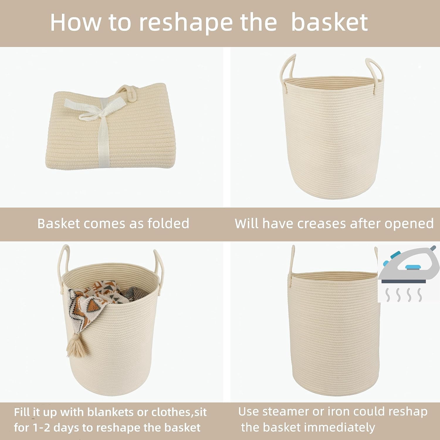 WarmHavenv Cotton Rope Laundry Basket Hamper for Clothes Woven Storage Basket for Living Room Bedroom Boho Tall Rope Baskets for Blanket Toys Pillow Towels Baby Nursery Hamper Bin beige