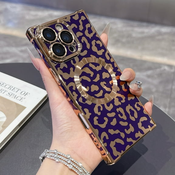 For iPhone 16 Pro Max Case, Cute Leopard Print Shockproof Soft Rubber TPU Protective Plating Cover for Women Girls, Slim Anti Scratch Dust-Proof Case for iPhone 16 Pro Max,Darkpurple