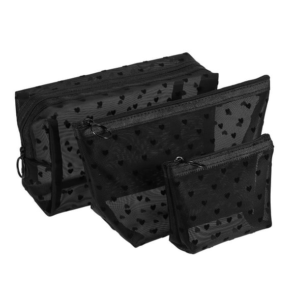 Vocoste 3 Pcs Heart Shape Print Mesh Makeup Bag Clear Makeup Pouch Mesh Bags with Zipper for Women Black