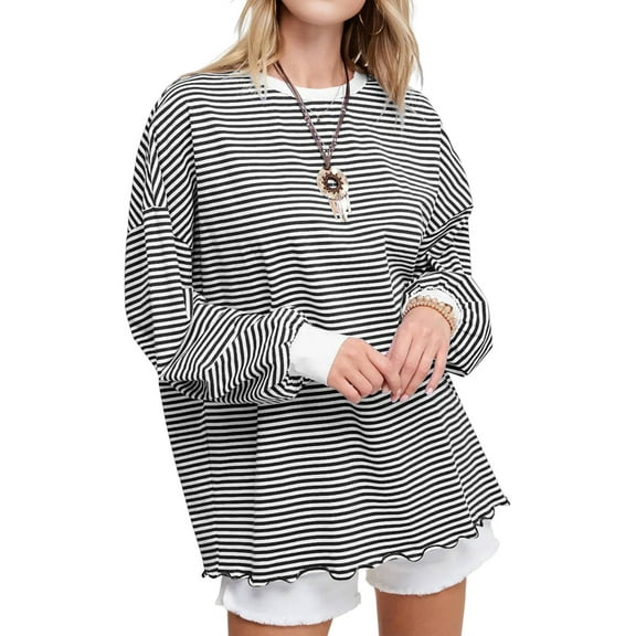 Women'S Oversized Long Sleeve T-Shirt Striped Colorblock Tunic Top Loose Autumn Crew Neck Sweatshirt Black & White XL
