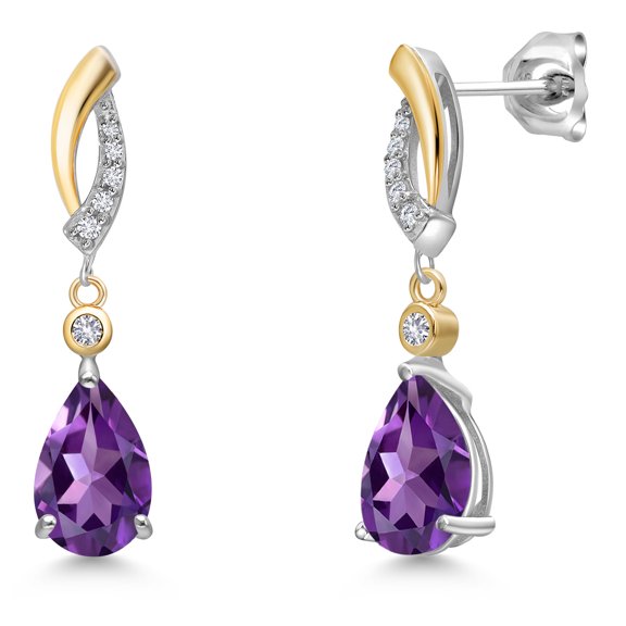 Gem Stone King 925 Silver and 10K Yellow Gold Purple Amethyst and White Created Sapphire and White Lab Grown Diamond Earrings for Women | 2.25 Cttw | Gemstone February Birthstone | Pear Shape 9X6MM