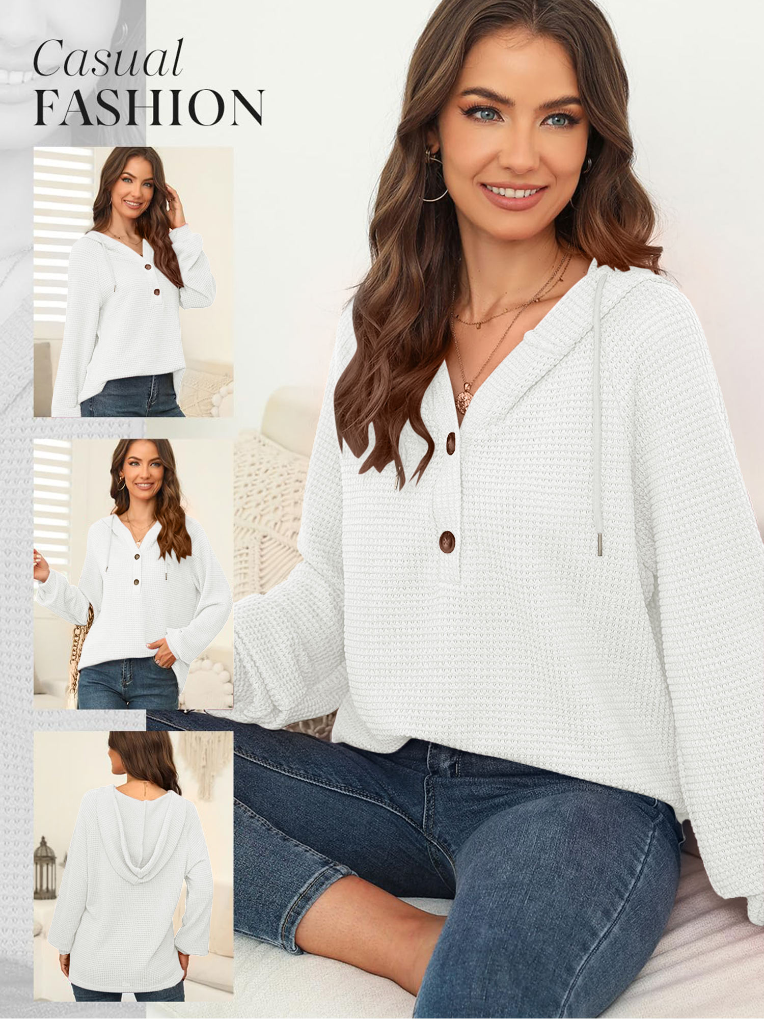 Temofon Women's Waffle Knit V-Neck Pullover Hoodie photo 6