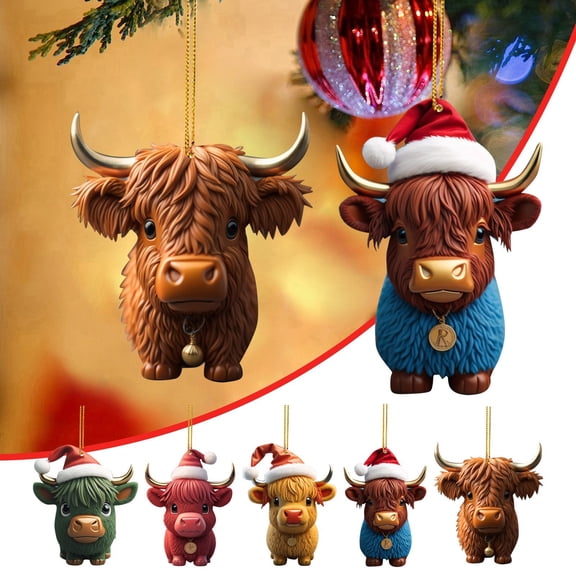 Highland Cow Ornaments for Christmas Tree 5 Pcs 2D Acrylic Cartoon Cow Christmas Decor Hanging Pendants for Xmas Holiday Home Decor Car Rearview Mirror Backpack Small Tree Decoration