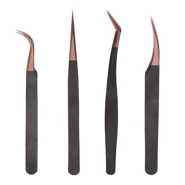 4 pinzas para extensiones de pestañas de acero inoxidable, antiestáticas, para manicura.