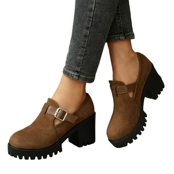 Womens Platform Slip on Penny Loafers Trendy Suede Chunky High Heels Dress Ankle Booties Winter Fall Short Boots Shoes