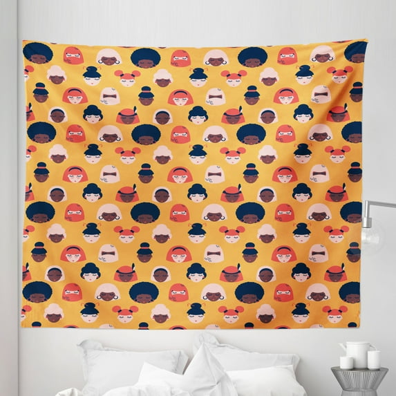 Girl Gang Tapestry, Different Nationalities Woman Faces Repetitive Illustration Print, Fabric Wall Hanging Decor for Bedroom Living Room Dorm, 5 Sizes, Pale Orange and Multicolor, by Ambesonne