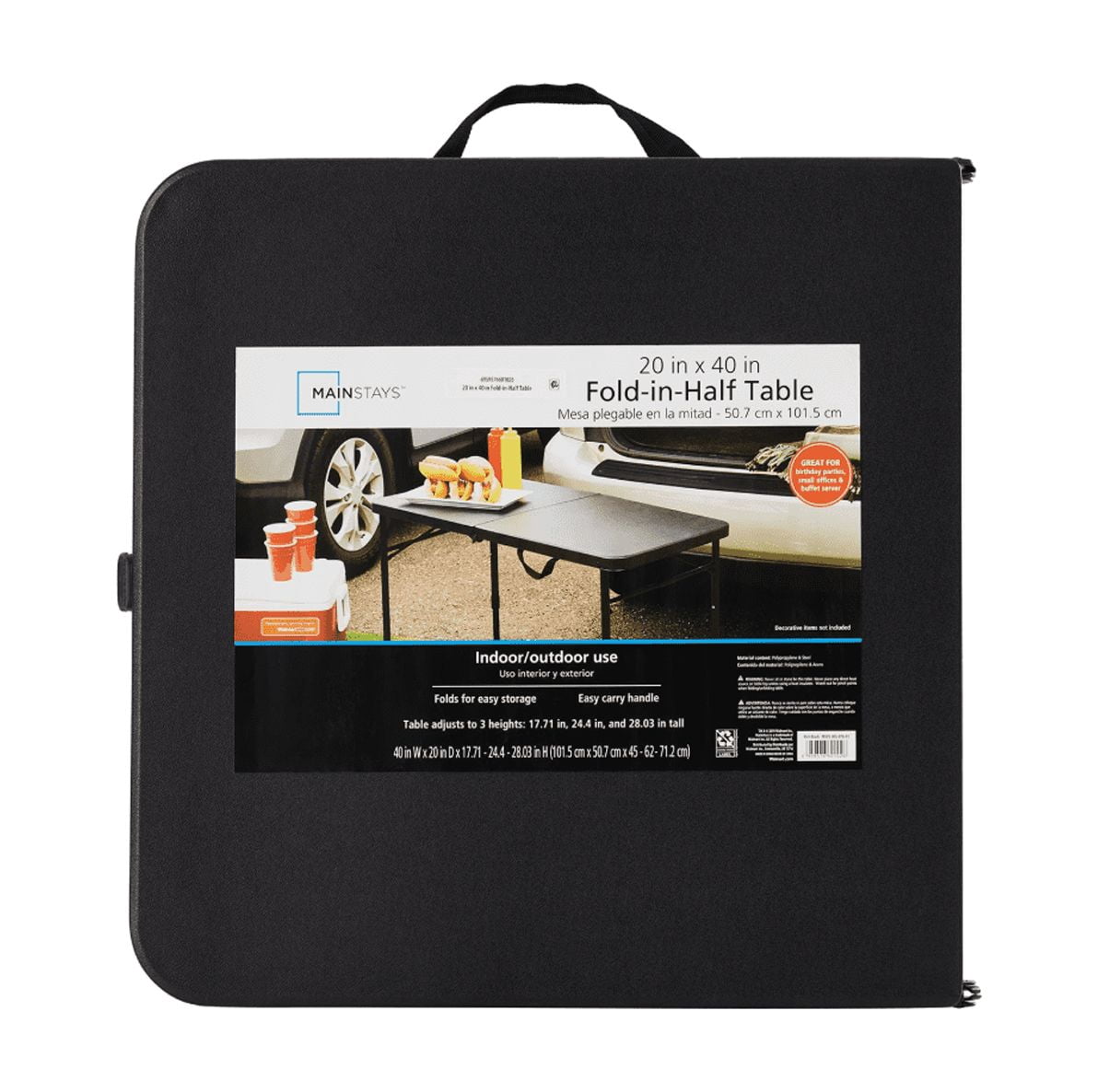 Mainstays 40 in Centerfold Fold-in-Half Folding Table, Adjustable Height, Black