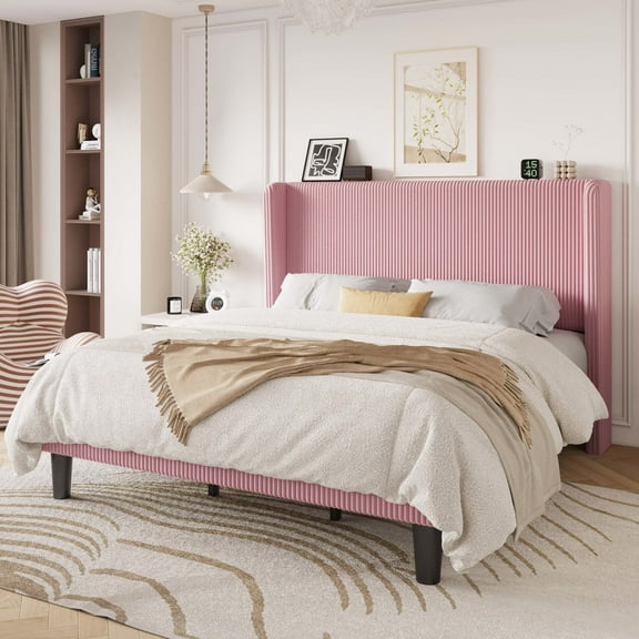 Einfach King Luxury Channel-Tufted Corduroy Velvet Platform Bed Frame with Wingback Headboard, Pink
