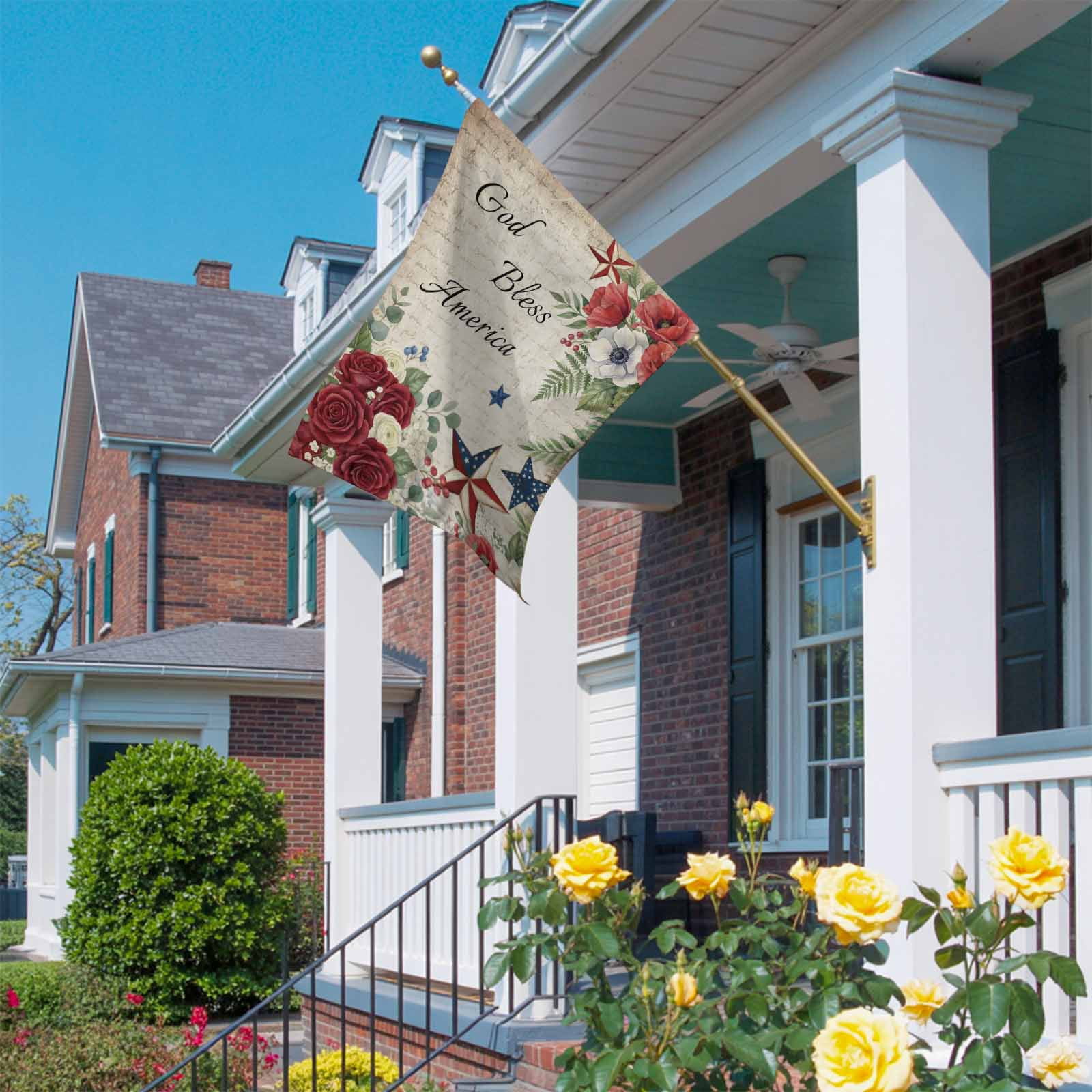4th of July House Flag 28 x 40 Inches, God Bless America Stars Red Flowers Leaf Vintage Weather Proof Outdoor Patio Flags Double Sided Small House Decoration for Yard Lawn Outside Home