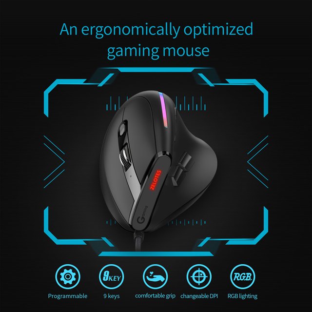 ZELOTES T-50 RGB Ratón óptico para juegos 9 botones 12800 DPI Ratones para juegos ajustables