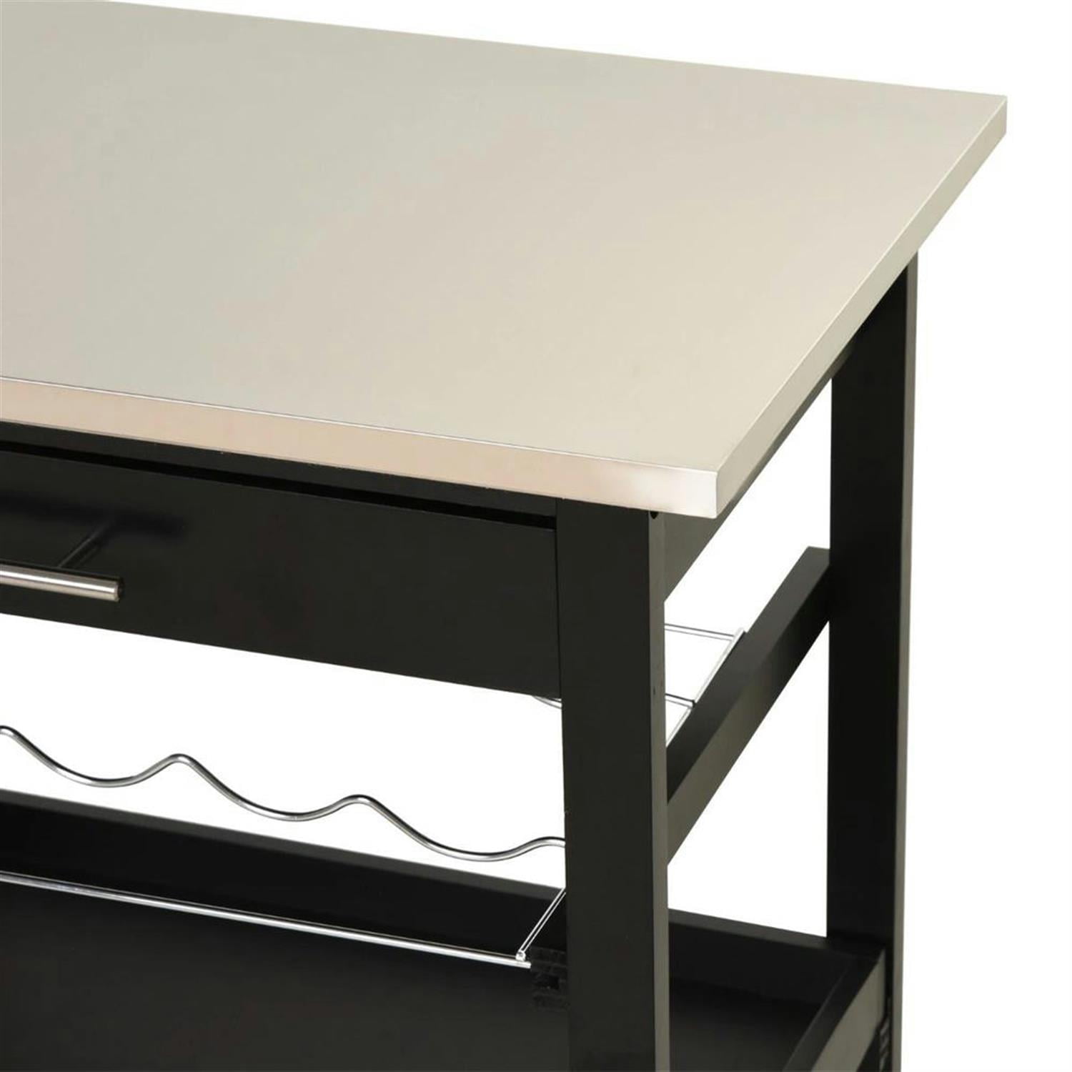 Demi Bonn 3-Tier Kitchen Island Cart on Wheels with Open Storage Shelves, Rolling Dining Room Serving Utility Carts Mobile Movable with Stainless Steel Top, Black