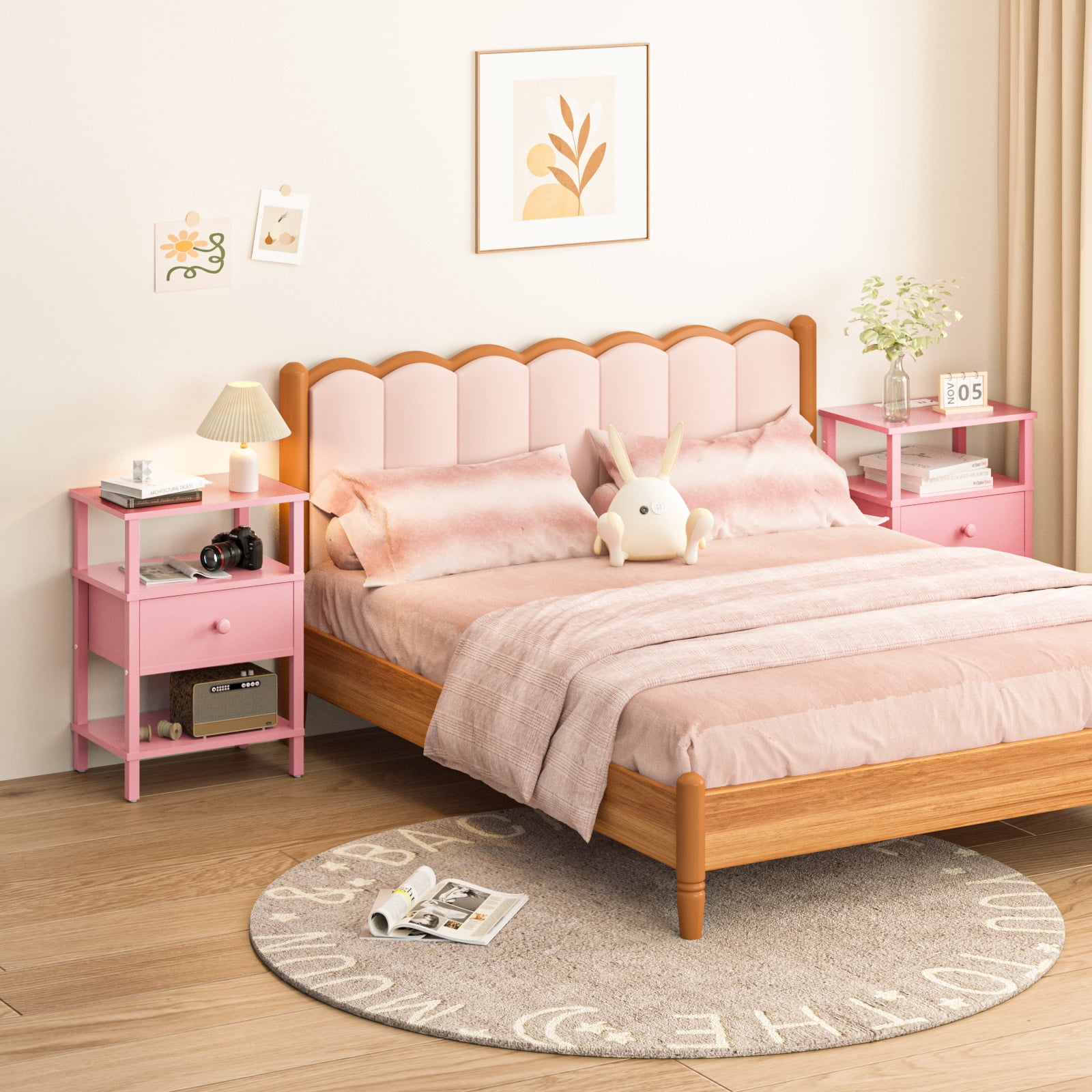 LEYAOYAO 3-Tier Narrow End Table with Charging Station, Wood Side Table for Living Room, Pink