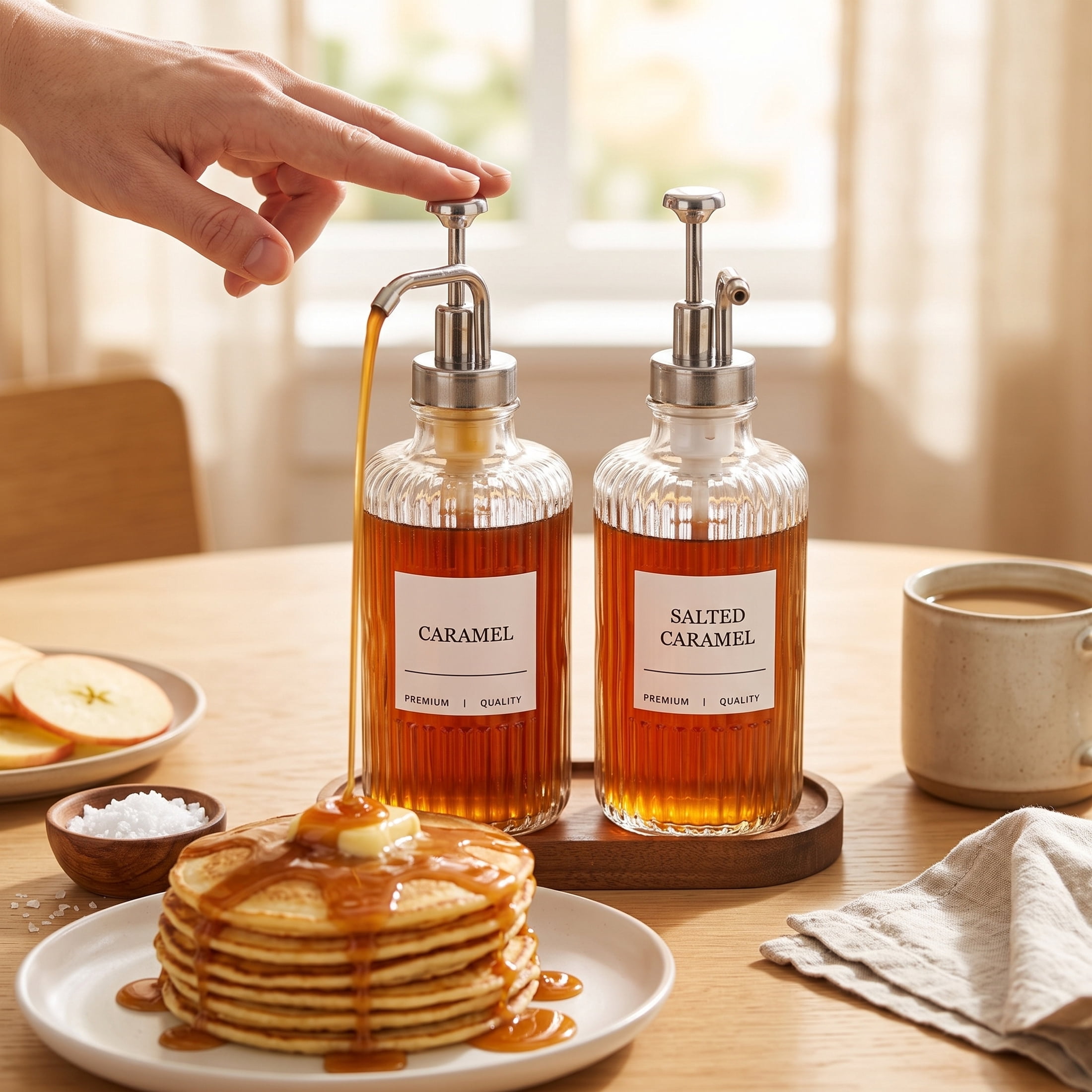 Cook with Color Ribbed Glass Syrup Dispenser Set with Wooden Base, 2-Pack