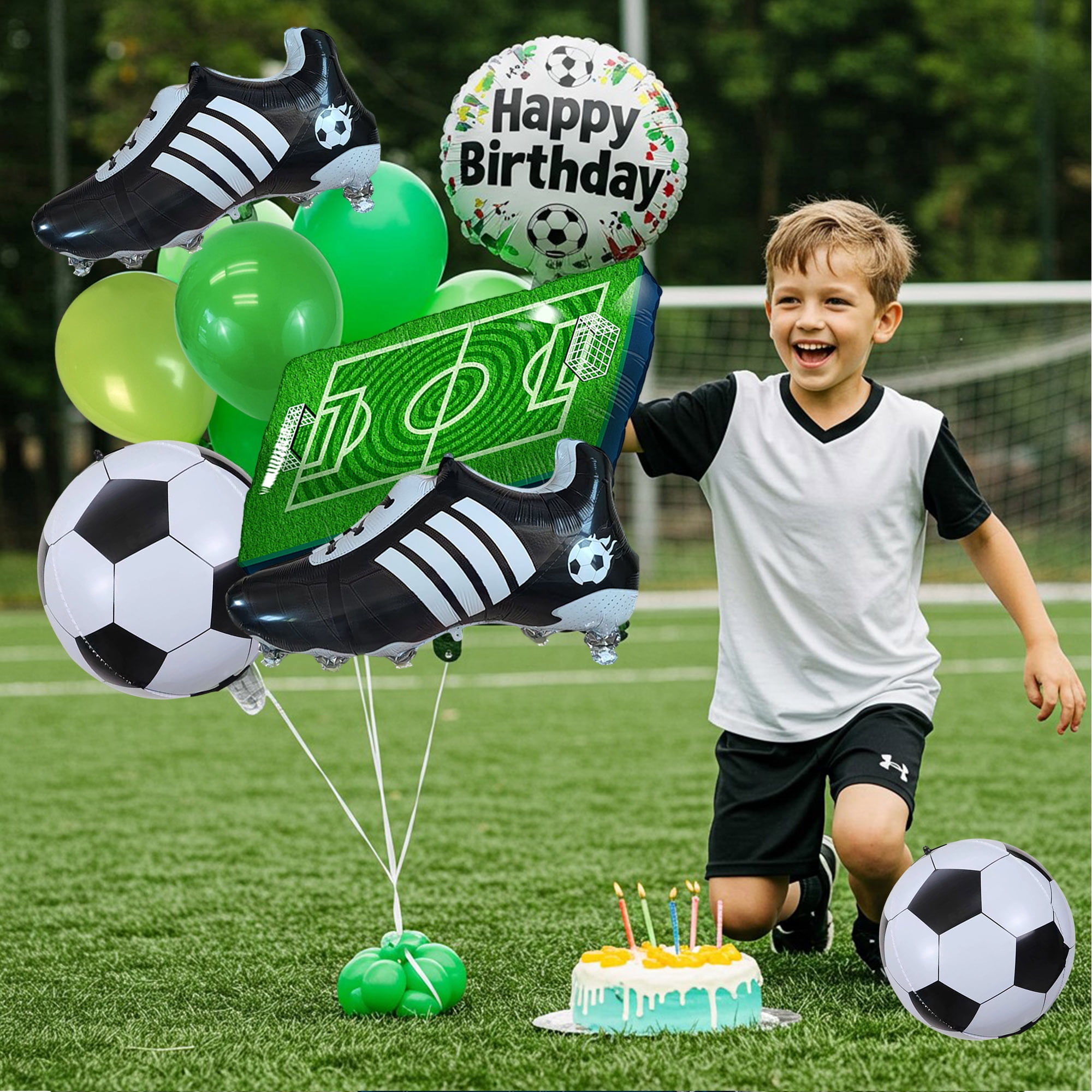 CYMYLAR Soccer Balloons Kit Football Party Decorations - Giant Soccer Ball Field Cleats Foil Balloons Green Latex for Boys Girls Birthday Sports Theme (14 Pieces)