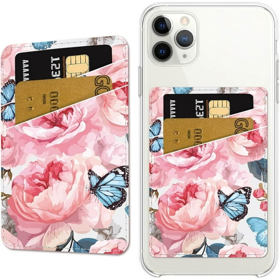 Pink Phone Card Holder Leather Cell Phone Wallet Stick on Adhesive Credit Card Holder Slim Double Pocket Sticker for Back of Phone Case Compatible with Most Phone Flowers 3.7 x 2.5 Inch