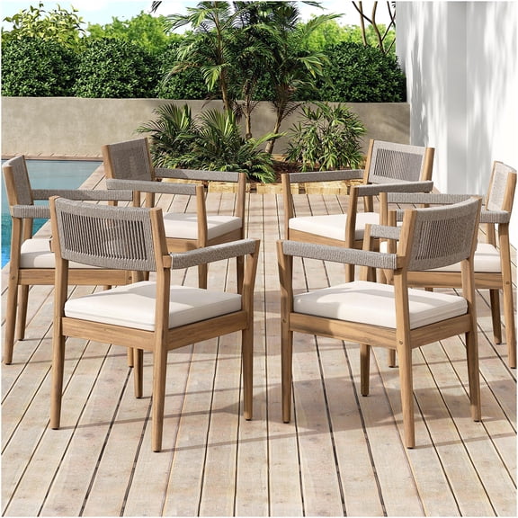 JERFIT 6-Piece Acacia Wood Patio Dining Chairs Set with Cream Cushions, All-Weather Handwoven Rope Seats for Garden, Poolside, Backyard