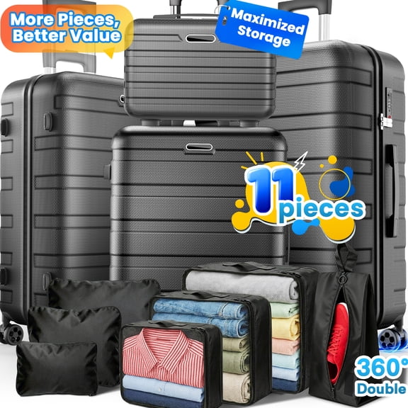 11Pcs Hardshell Luggage Set, Lightweight Suitcases w/ Spinner Wheels, Carry on Luggage, Black