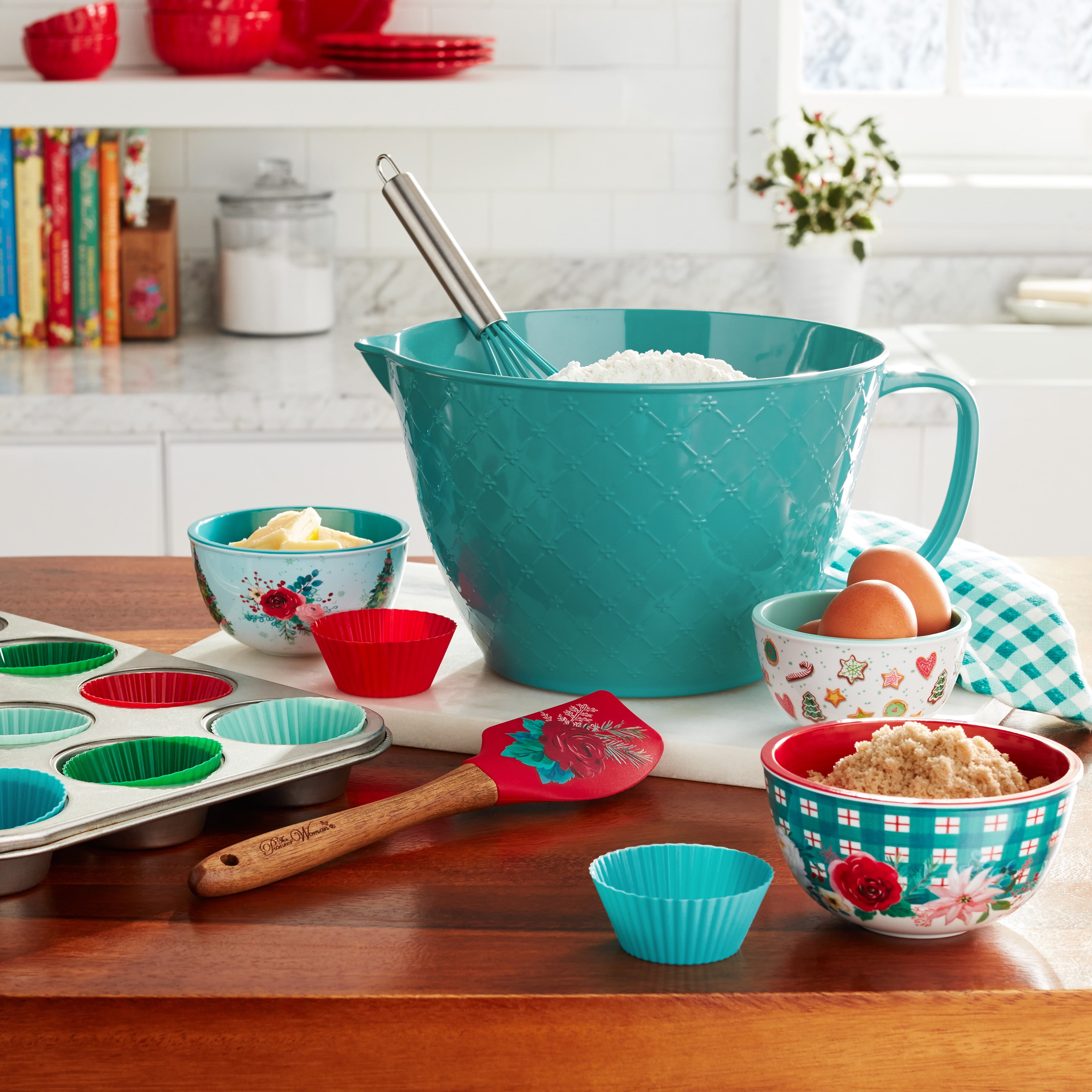 The Pioneer Woman Silicone Kitchen Utensils & Mixing Bowl Set, 14-Pieces, Teal, Wishful Winter, with Whisk, Spatula, 8 Cupcake Liners