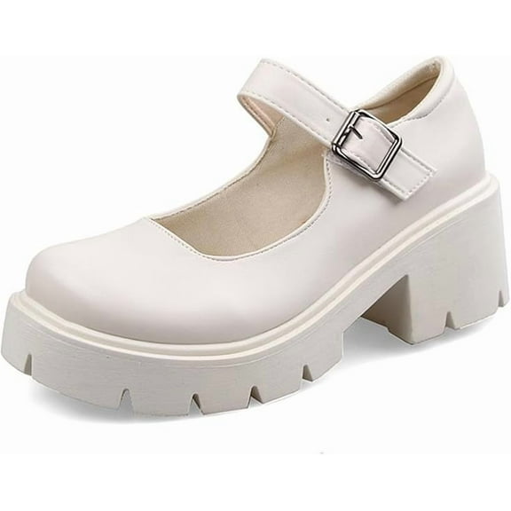 Women's Leather Chunky Platform Mary Jane Shoes Classic Round Toe Ankle Strap Chunky Heel Lug Sole Work Dress Pumps