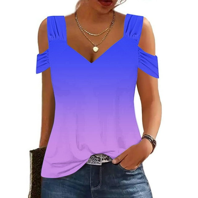 Blouses pour Femmes, Blouses à Col en V Mode pour Femmes, Chemises à Épaules Dénudées, Manches Courtes