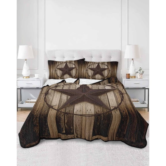 Quilts Queen Size, Western Star Retro Soft Comforter Bedding Set for Bed, Vintage Brown Wood Barn Lightweight Quilted Bedspread with Pillow Cover(2 Pieces) for All Season, 90x96 Inch