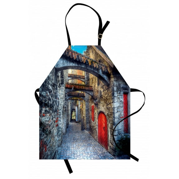 Medieval Apron Old Stone Street with Stone Passage Estonia Medieval Town Heritage Photo Art, Unisex Kitchen Bib Apron with Adjustable Neck for Cooking Baking Gardening, Grey Red Brown, by Ambesonne