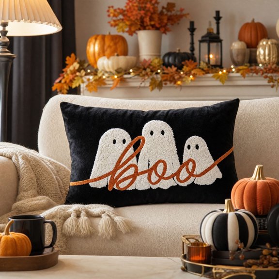 Halloween Ghost Lumbar Throw Pillow Cover, Black White Tufted Ghost Cushion Cover, Spooky Season Decorative Pillowcase for Sofa Couch