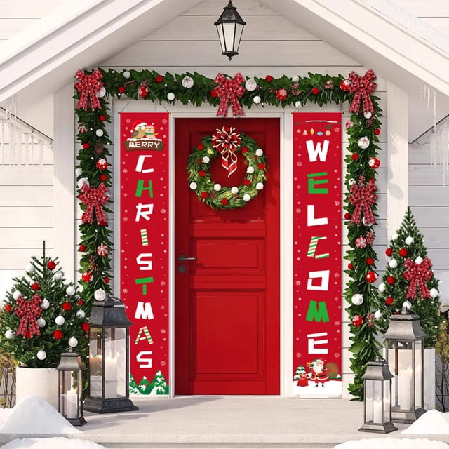 XYAIYT 2 Pack Rideau de Porte Couplet de Noël Décorations de Noël Suspendues Décorations Intérieures de Noël Polyester Imperméable Résistant aux Plis pour Fêtes de Noël Mariages Festivals 11.8x70.9 Po Rouge