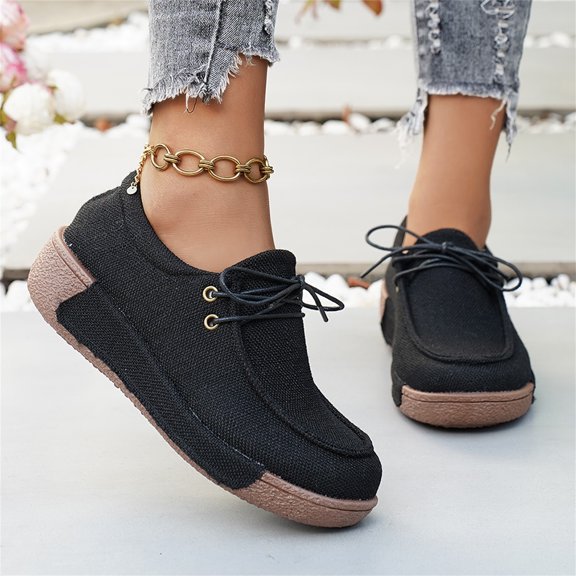 Domuza Women's Breathable Linen Canvas Platform Shoes Lace Up Non-Slip Wedge Sole Casual Walking Shoes for Daily Outdoor Wear 6.5(EU-37) 37