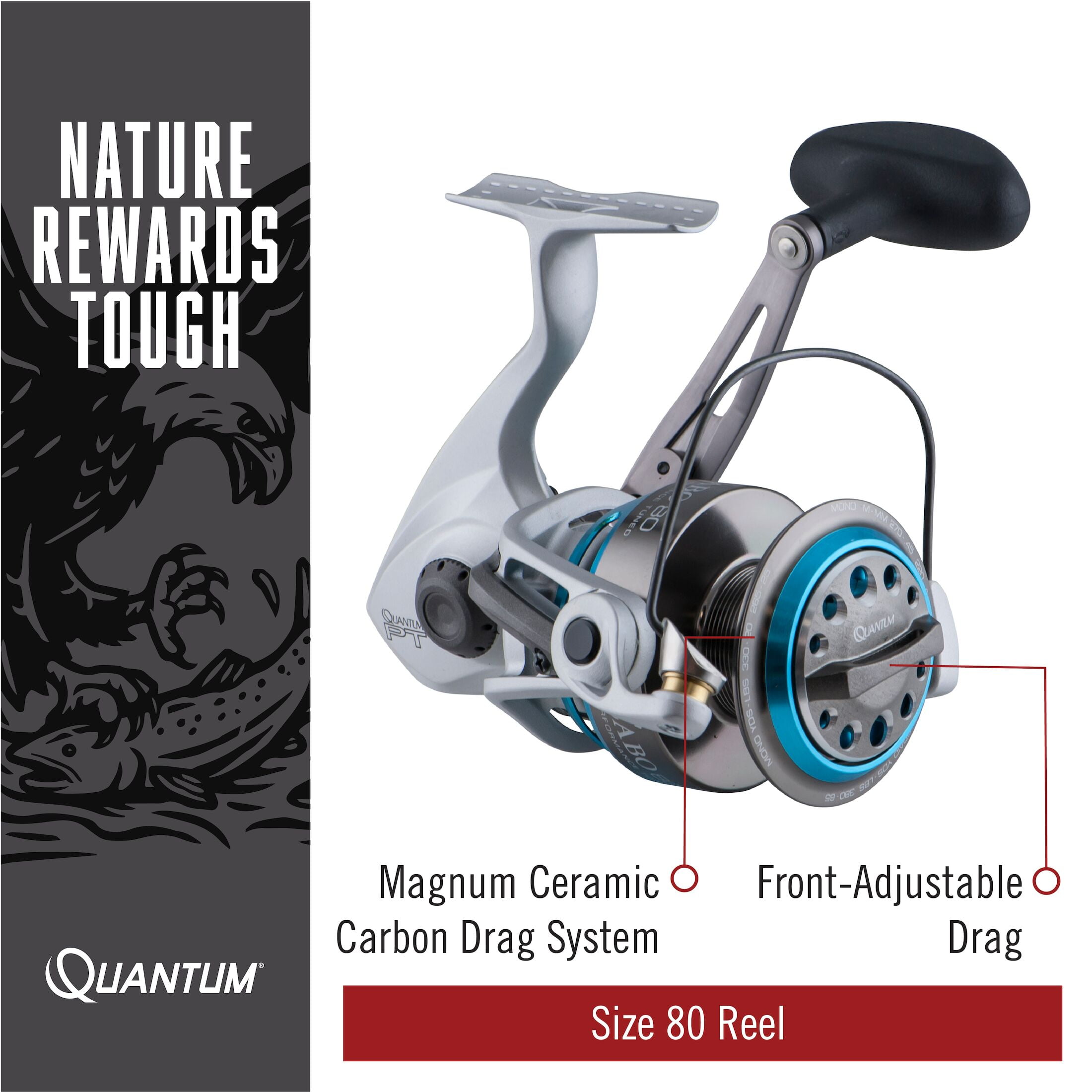 Quantum Cabo Saltwater Spinning Fishing Reel, Size 60 Reel, Silver/Blue 