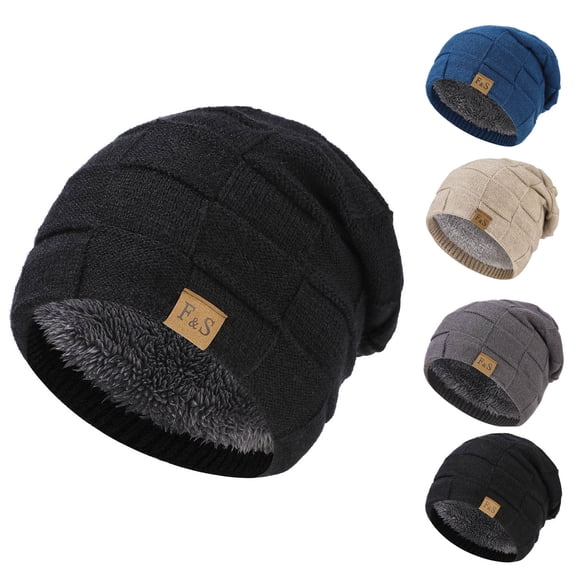 UTSJKR Men's Winter Fleece Beanie Hat Warm Soft Wool Lined Knit Snow Ski Comfy Hats Solid Slouchy Hat for Cold Weather Beige