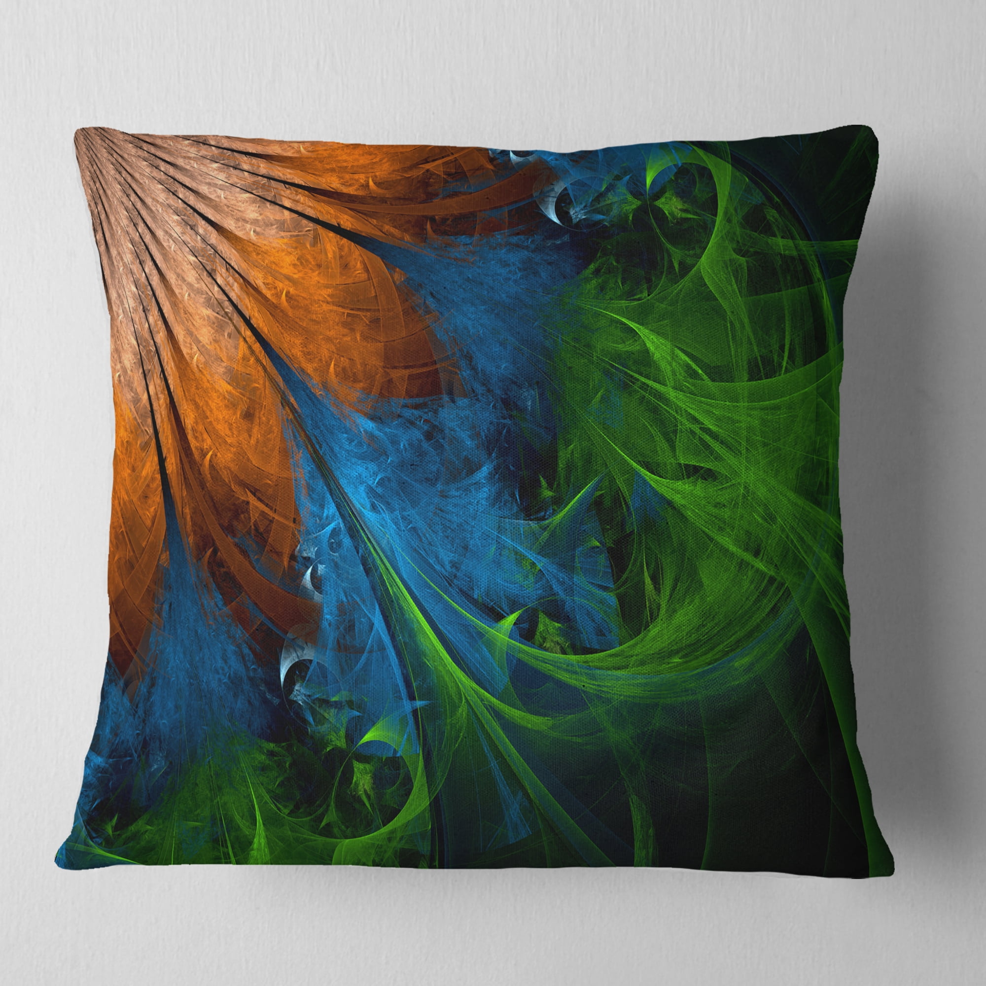 Designart Fractal Flower Orange and Blue - Floral Throw Pillow - 16x16