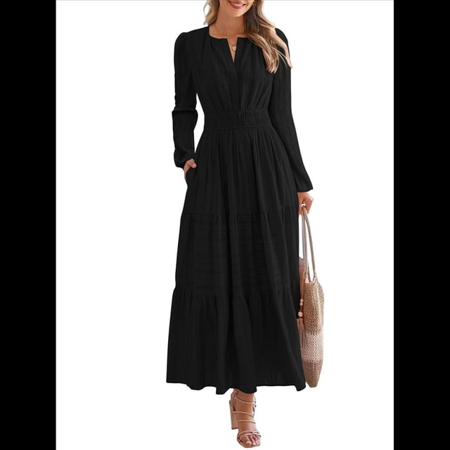 Vestido de Otoño Informal para Mujer, de Larga, Cuello en V, Cintura Elástica, Ligero, para Invitadas de Boda, con Bolsillos Negro XXL