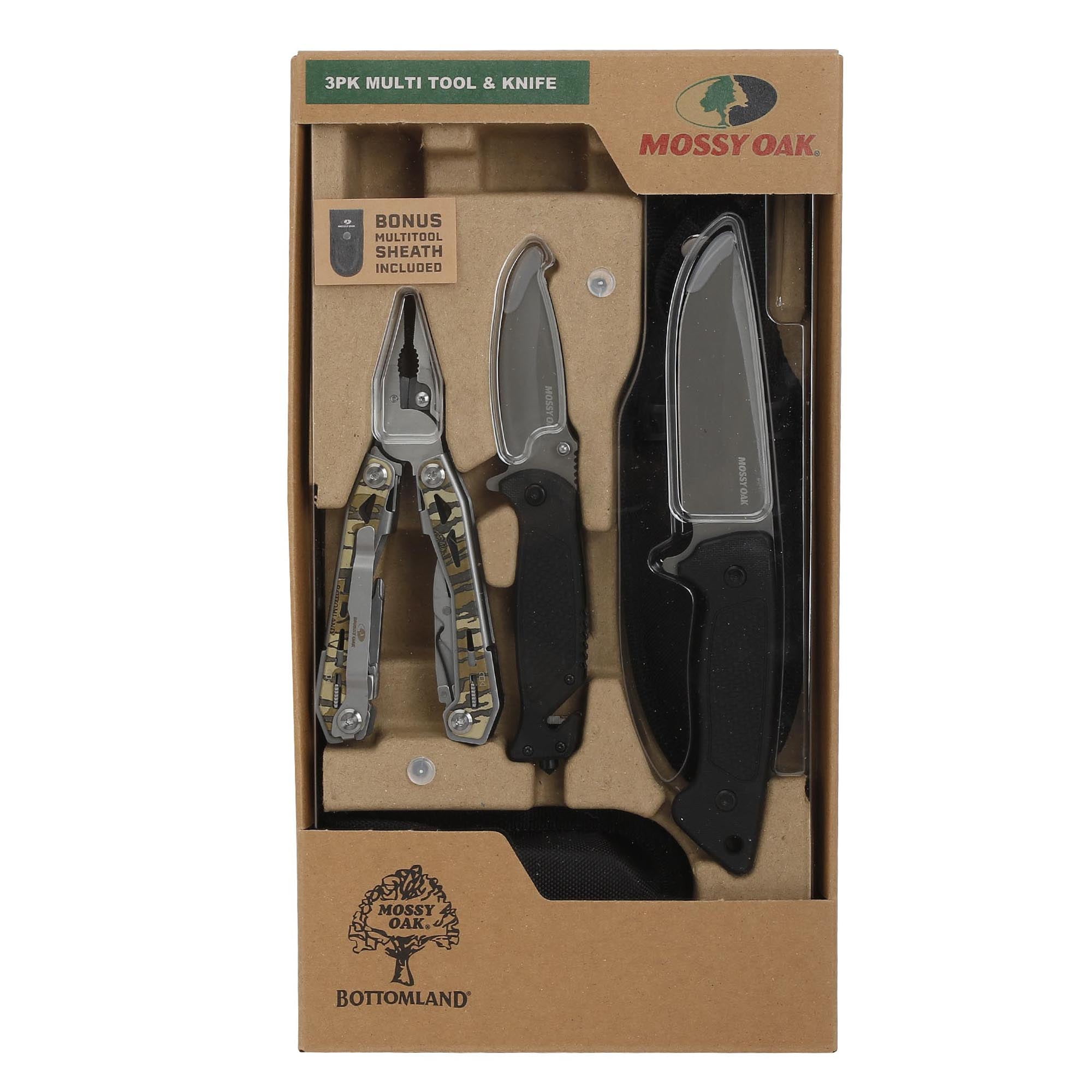 Mossy Oak 3-Pack Multitool and Knife Set: 17-in-1 Camo Multi