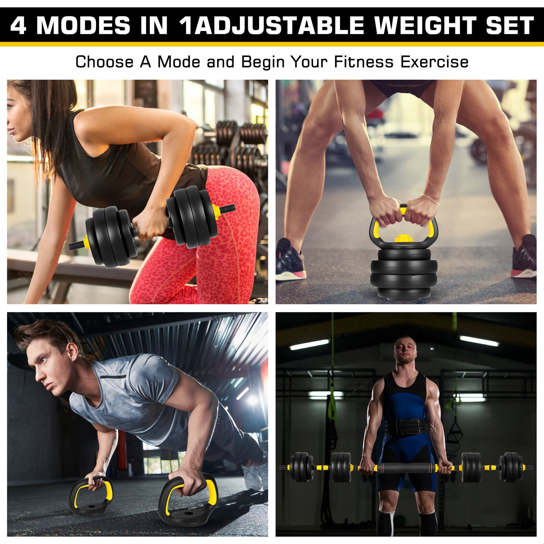 FIXTECH 66 Lbs Adjustable Weight Dumbbell Barbell Set, 4-In-1 Free Weight Combination with Curved Bar Connector for Women Men Workout Fitness, Yellow
