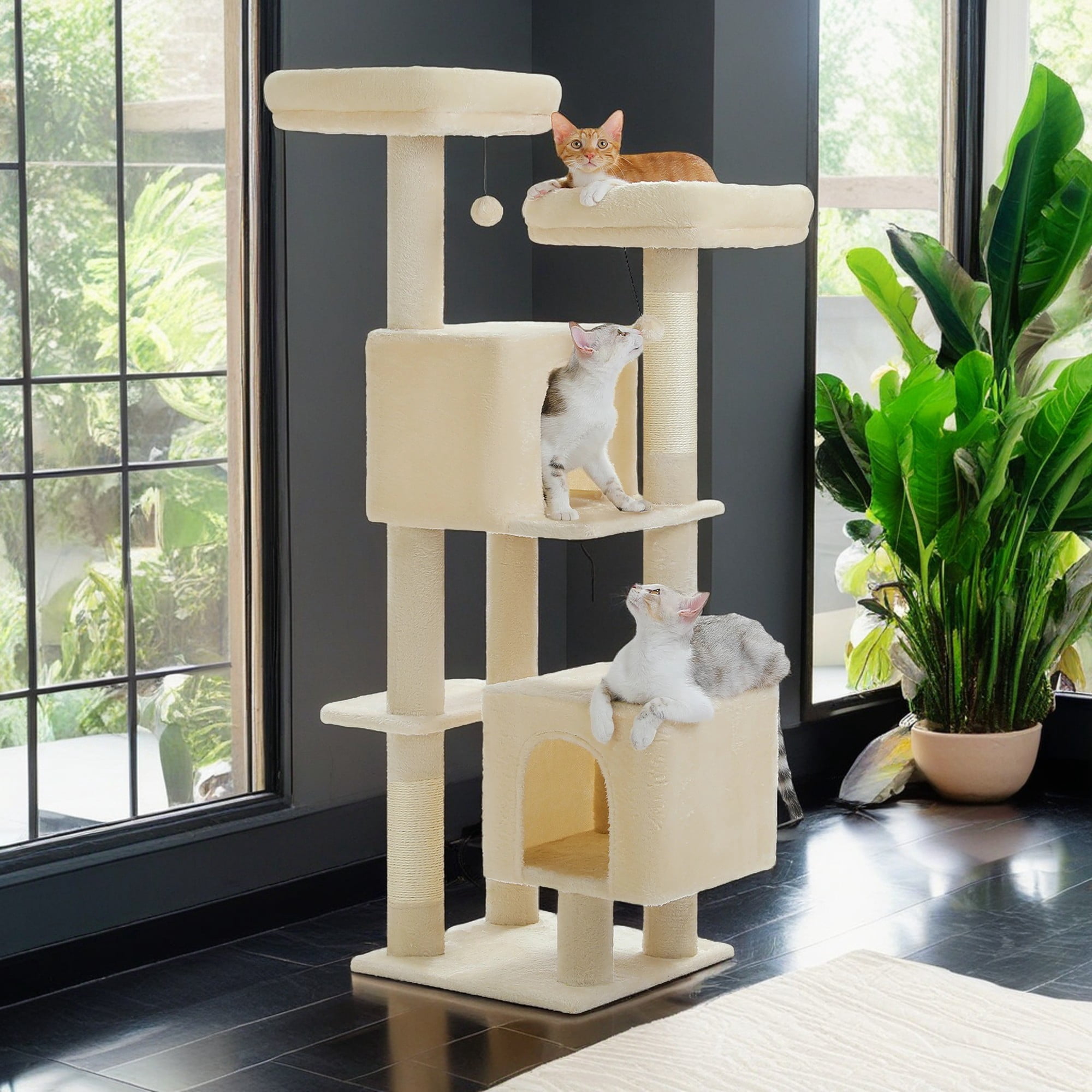 resenkos 52" Cat Tree Tower with 2 Scratching Posts, 2 Perches, 2 Caves, Pompoms, Multi-Level Plush Cat Condo for Indoor Cats, Beige