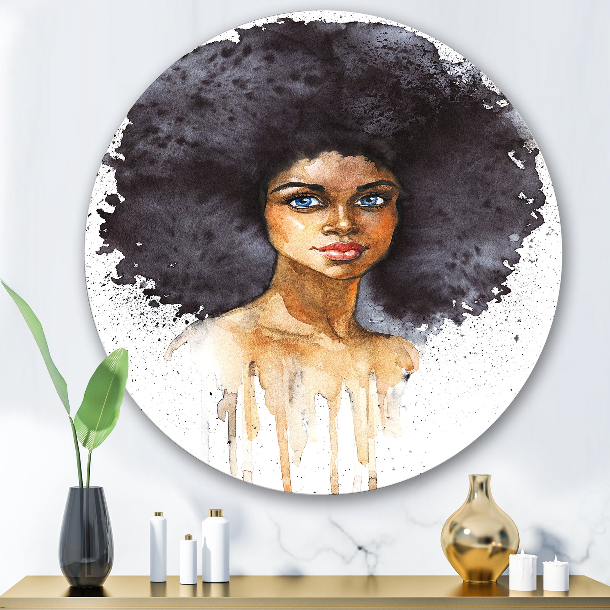 Designart 'Portrait of Afro American Woman X' Modern Circle Metal Wall Art 29x29 - Disc of 29