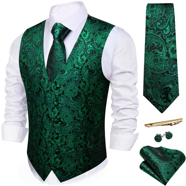 Conjunto de chaleco y corbata Barry.Wang de seda verde esmeralda para hombre